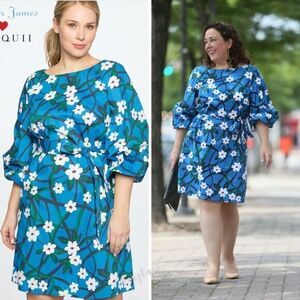 NEW Draper James for ELOQUII Balloon Sleeve Shift Dress‎ blue white flora…